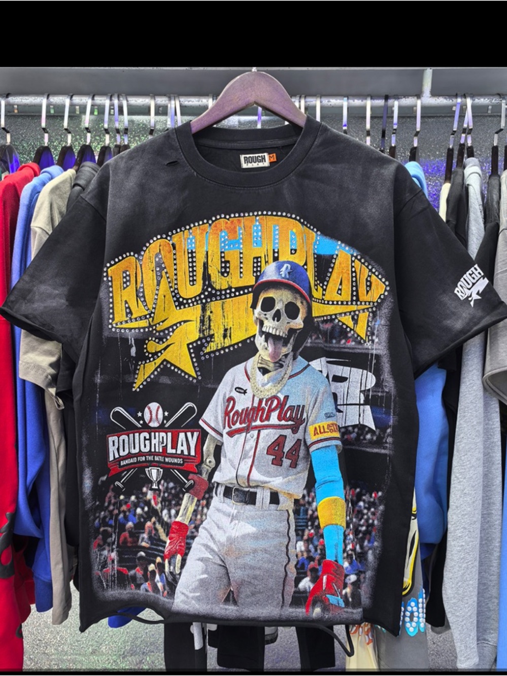 Black Graphic Short Sleeve Tee - Skull Baseball Design